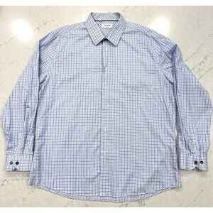 Duchamp Men Flip Cuff Tailored Fit 18 XXL White Blue Micro Plaid Button Up Shirt